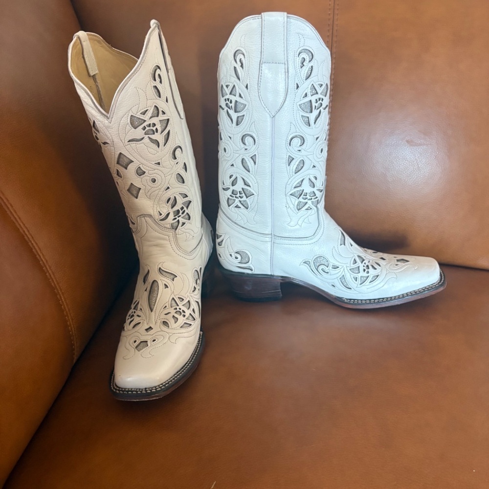 El Corral Western White Leather Bling Inlay boots - SZ 25.5 = 8.5 - Picture 9 of 16